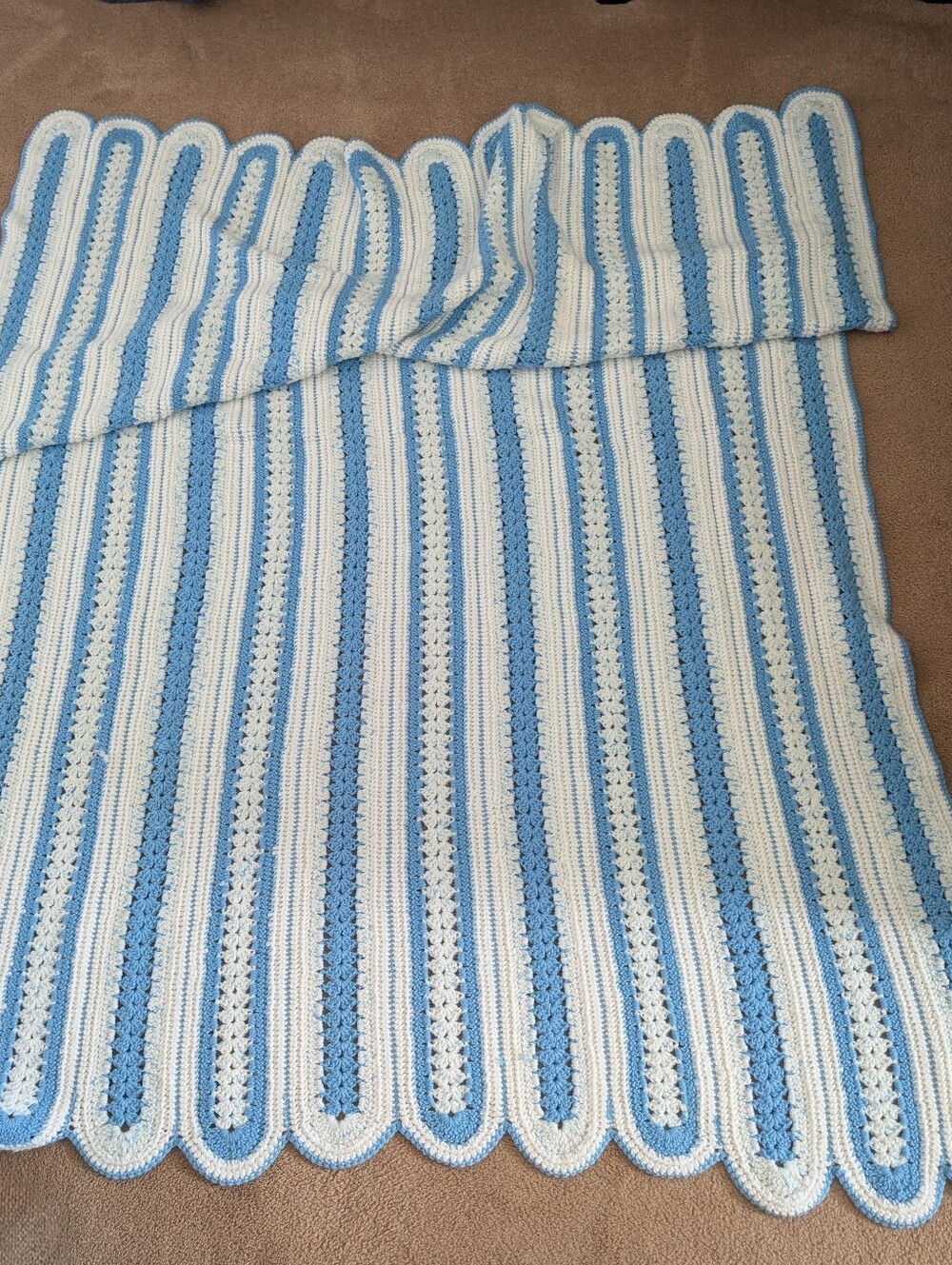 Handmade White And Blue Blanket Approx 60 x 80in
